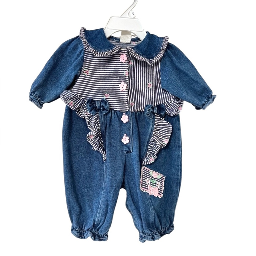 Vintage Infant Girl’s Denim Floral Ruffle Playsuit Romper with Collar & Buttons